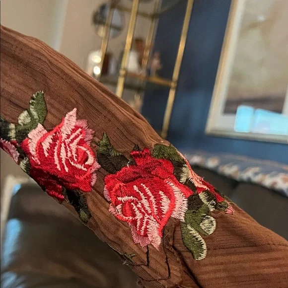 Anthropologie 3J Workshop  Brown Shirt with Pink Floral Details Western - Picture 9 of 9